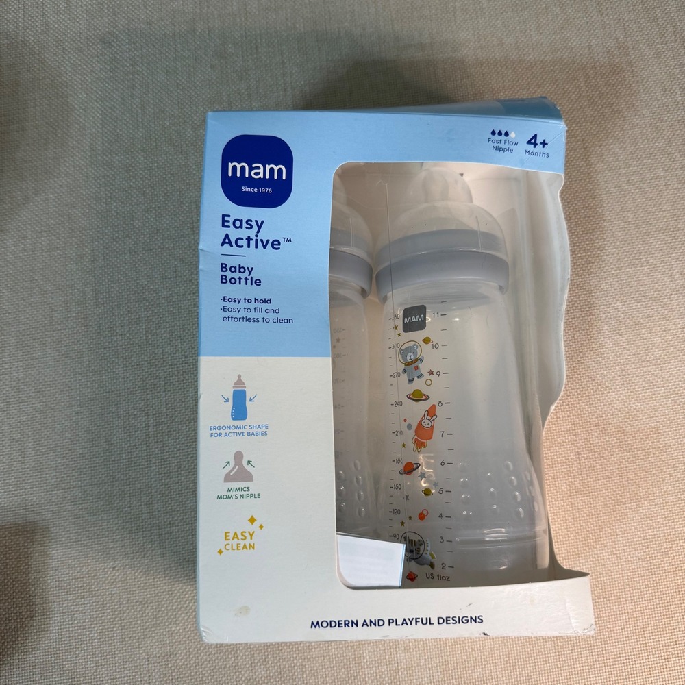 MAM Easy Active Baby Bottle 11oz 2pk Fast Flow Nipple 4+ Months Space Design